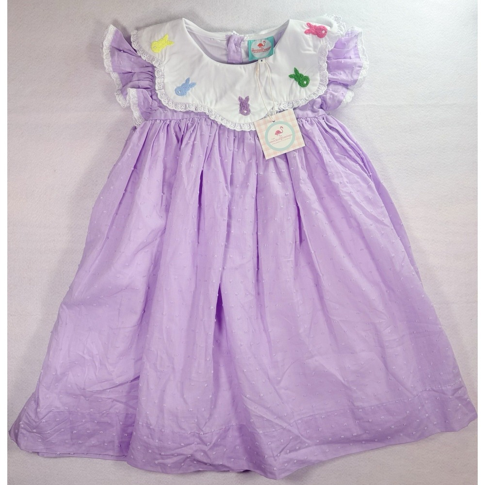 The Smocked Flamingo Girls 6 NWT Purple Easter Bunny Embroidered Dress